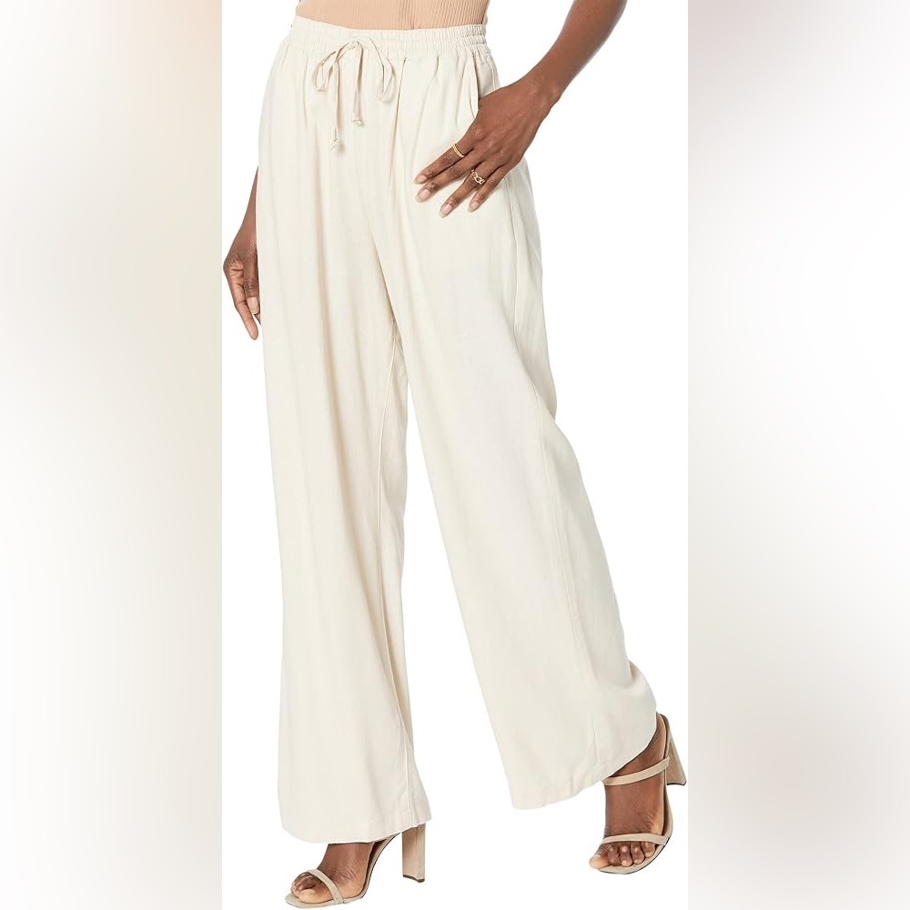 Wide Leg Drawstring Pants in Cream COTTON LINEN BLEND WOMEN SIZE S